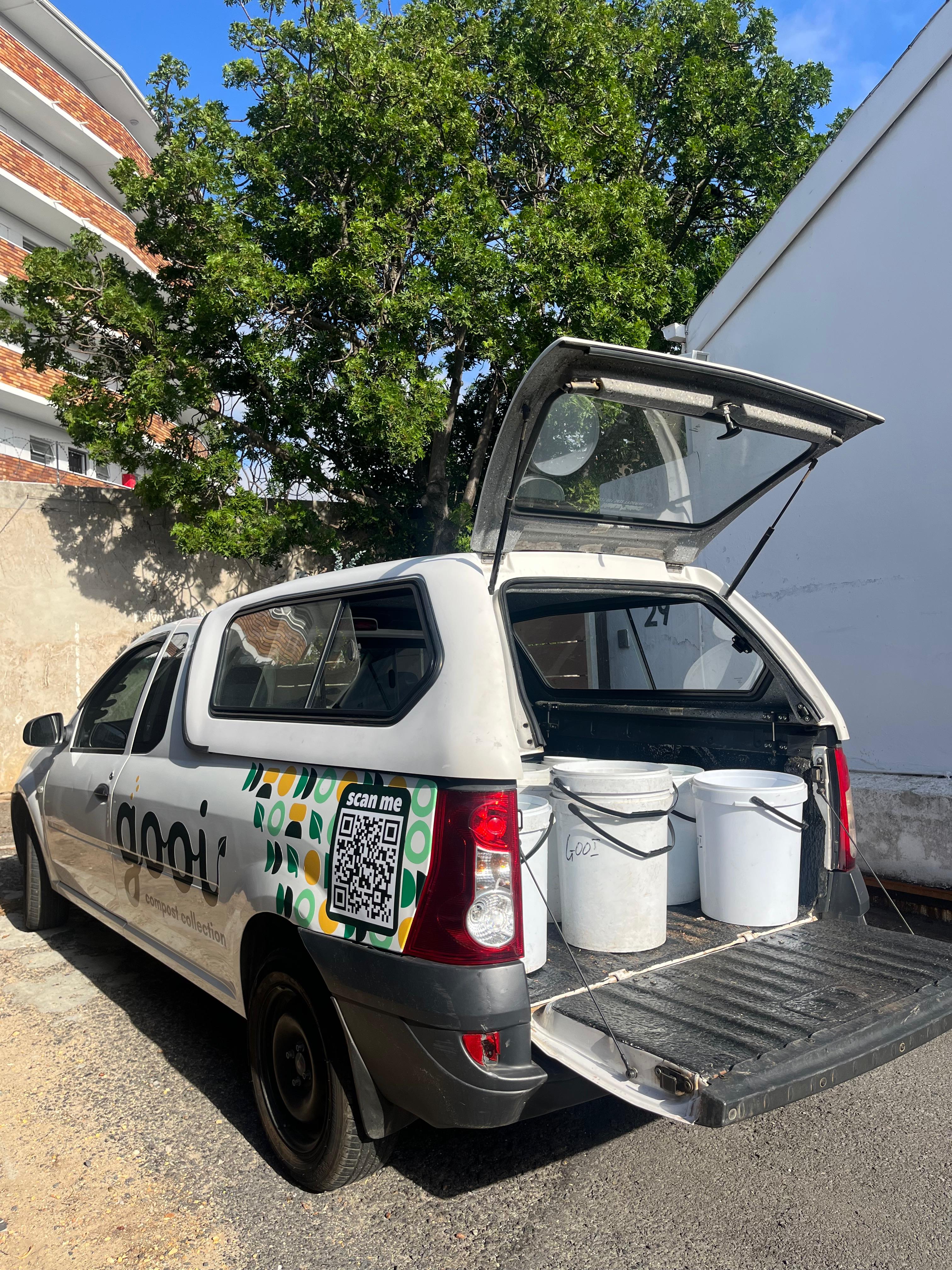 The gooi bakkie loaded with buckets, ready for its weekly route